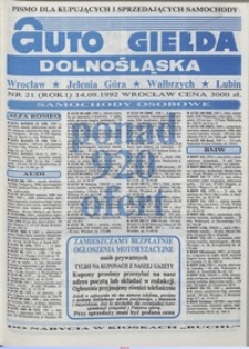 Auto Giełda Dolnośląska : pismo dla kupujących i sprzedających samochody, R. 1, 1992, nr 21 (14.09.1992 r.)