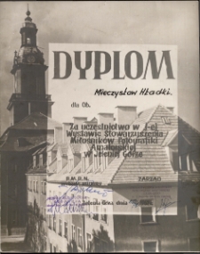 Dyplom dla Ob. Mieczysław Hładki za uczestnictwo w I-ej Wystawie Stowarzyszenia Miłośników Fotografiki Amatorskiej w Jeleniej Górze