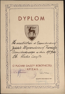 Dyplom za uczestnictwo w Samochodowej Jeździe Zręcznościowej Turnieju Samochodowego w dniu 17.9.61 r.Ob. Hładka Cecylia o Puchar Gazety Robotniczej i K.P. Z.M.S.