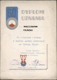 Dyplom uznania kol. Mieczysław Hładki za osiągnięcia i zasługi w rozwoju sportów motorowych na Dolnym Śląsku [Dokument życia społecznego]
