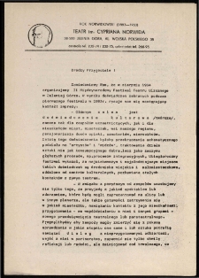 Drodzy Przyjaciele! Zawiadamiamy Was, że w sierpniu 1984 oganizujemy II Międzynarodowy Festiwal Teatru Ulicznego w Jeleniej Górze... [Dokument życia społecznego]