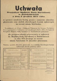 Uchwała Miejskiej Rady Narodowej w Świebodzicach z dnia 2 grudnia 1977 roku - afisz [Dokument życia społecznego]