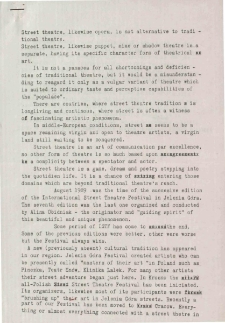 Street theatre, likewise opera, is not alternative to traditional theatre. [Dokument życia społecznego]