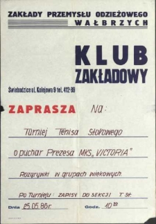 Klub zakładowy zaprasza na Turniej Tenisa Stołowego o puchar Prezesa MKS „VICTORIA”