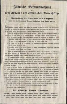 Jährliche Bekanntmachung von dem Zustande der öffentlichen Armenpflege und Nachweisung der Einnahmen und Ausgaben aus den verschiedenen Armen-Anstalten vom Jahre 1842