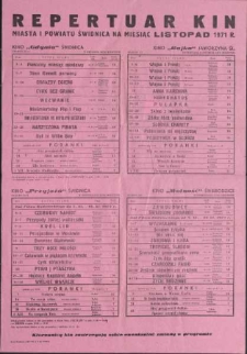 Repertuar kin miasta i powiatu Świdnica na miesiąc listopad 1971 r. - afisz [Dokument życia społecznego]