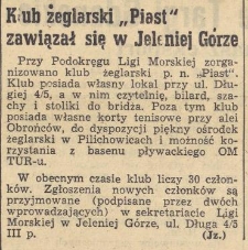 Klub żeglarski „Piast" zawiązał się w Jeleniej Górze
