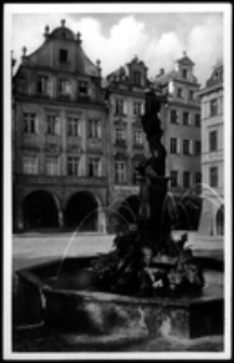 Von dem Städt. Werbeamt genehmigte Festpostkarte der Hirschberg Reisengebirgswoche Markt mit Brunnen [Dokument ikonograficzny]