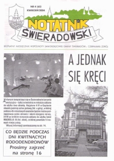 Notatnik Świeradowski : bezpłatny miesięcznik wsp&oacute;lnoty samorządowej Gminy Świerad&oacute;w-Czerniawa Zdr&oacute;j, 2004, nr 4 (65)