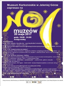 Muzeum Karkonoskie w Jeleniej G&oacute;rze zprasza na Noc Muze&oacute;w - plakat [Dokument elektroniczny]