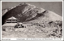 Riesengebirge. Schneekoppe, 1605 m mit Schlesierhaus und Riesenbaude, 1412 m ü. M. [Dokument ikonograficzny]